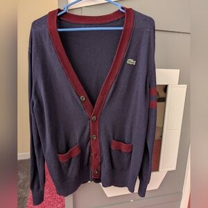Lacoste Men's Navy and Burgundy Cardigan Sweater. Size Medium